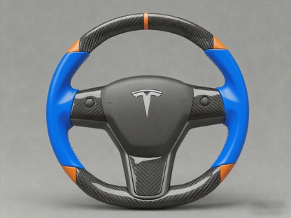 Blue and orange Carbon Fiber Tesla Model 3 Custom Steering Wheel -DYNA(2017-2023.9) Axeco