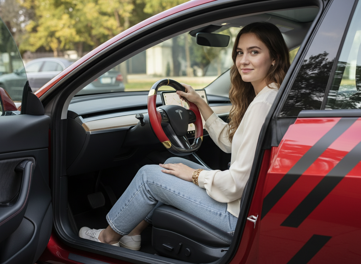 Red-Golden Carbon Fiber Tesla Model 3 Steering Wheel -DYNA(2017-2023.9) Axeco
