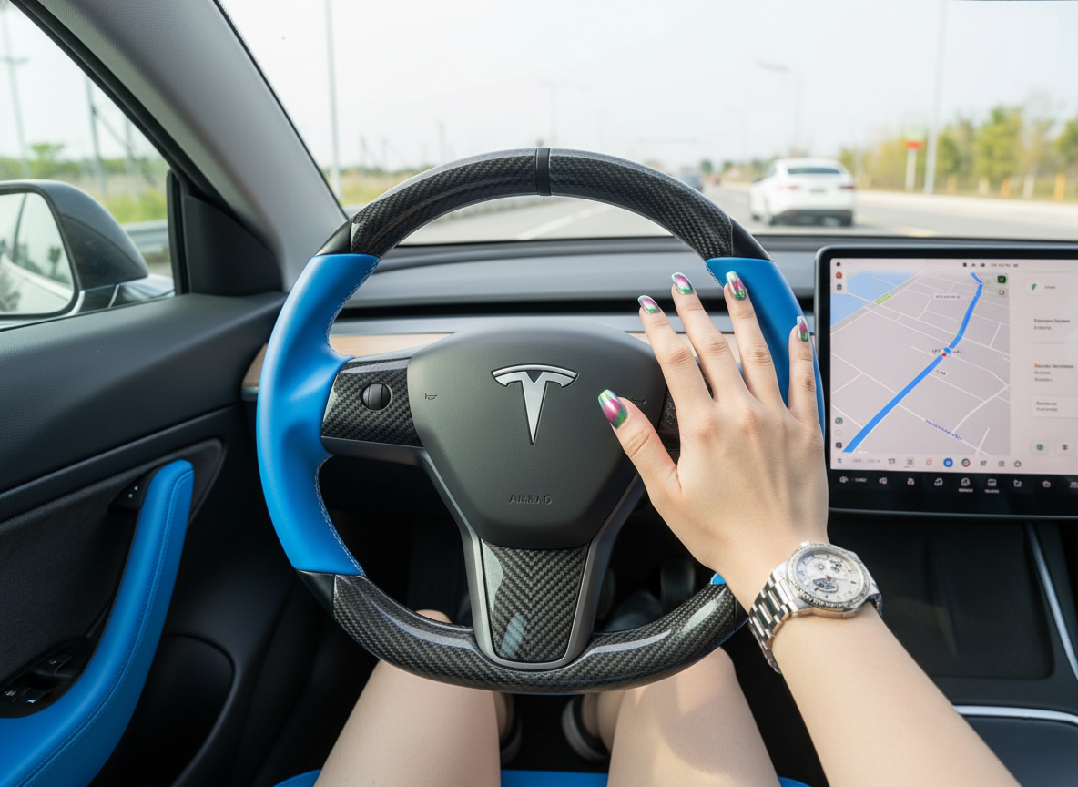 Blue and Black leather black carbon fiber Tesla Model Y steering wheel - DYNA (2020-2024) Axeco