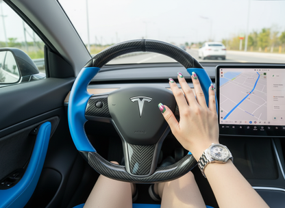 Blue and Black leather black carbon fiber Tesla Model Y steering wheel - DYNA (2020-2024) Axeco