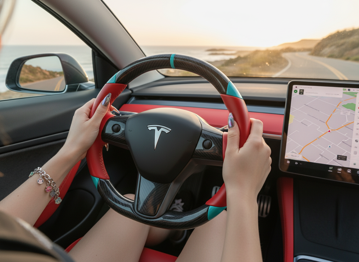 Red and light blue leather black carbon fiber Tesla Model Y steering wheel - DYNA (2020-2024) Axeco