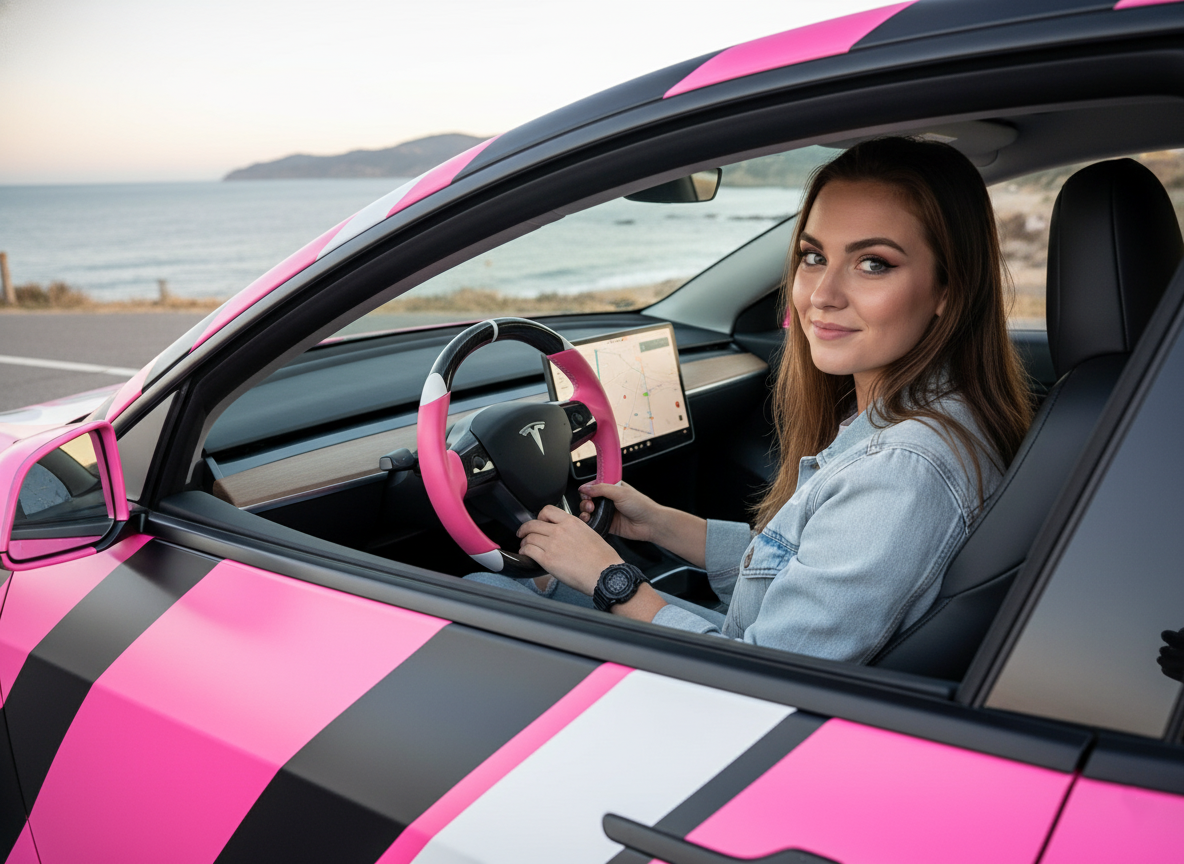 Pink and white Carbon Fiber Tesla Model 3 Custom Steering Wheel -DYNA(2017-2023.9) Axeco