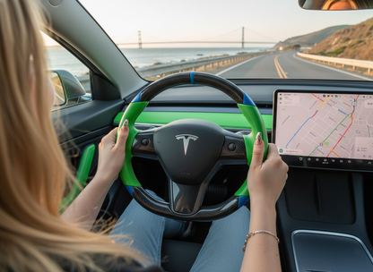 Green and blue leather black carbon fiber Tesla Model Y steering wheel - DYNA (2020-2024) Axeco