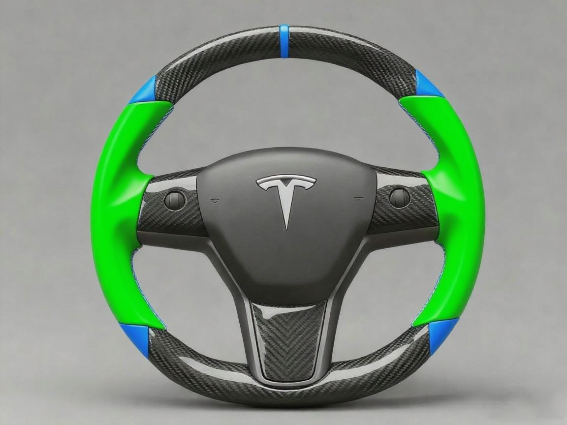 Green and blue leather black carbon fiber Tesla Model Y steering wheel - DYNA (2020-2024) Axeco