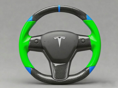Green and blue leather black carbon fiber Tesla Model Y steering wheel - DYNA (2020-2024) Axeco