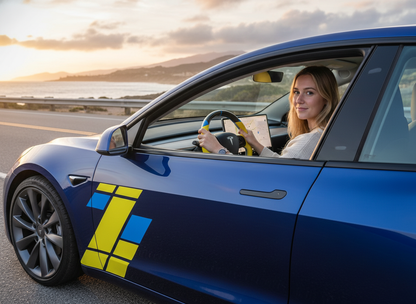 Yellow and blue leather black carbon fiber Tesla Model Y steering wheel - DYNA (2020-2024) Axeco