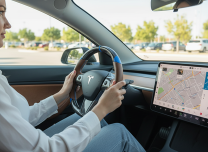 Brown and blue leather black carbon fiber Tesla Model Y steering wheel - DYNA (2020-2024) Axeco