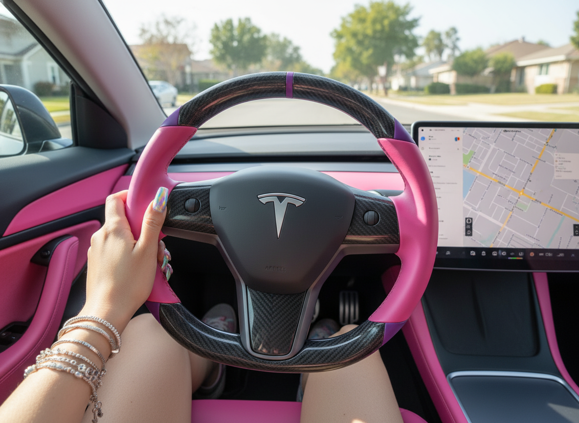 Pink and purple leather black carbon fiber Tesla Model Y steering wheel - DYNA (2020-2024) Axeco