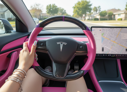 Pink and purple leather black carbon fiber Tesla Model Y steering wheel - DYNA (2020-2024) Axeco