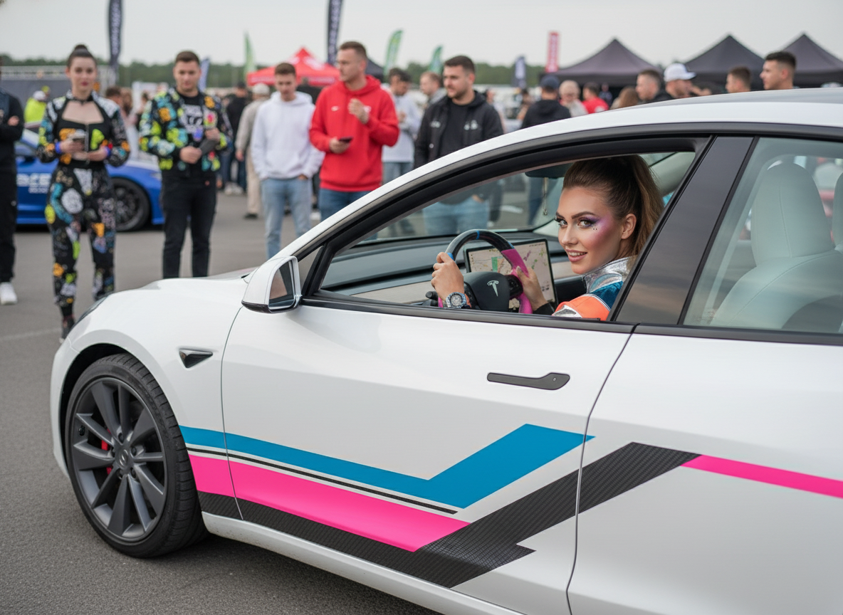 Pink and blue leather black carbon fiber Tesla Model Y steering wheel - DYNA (2020-2024) Axeco