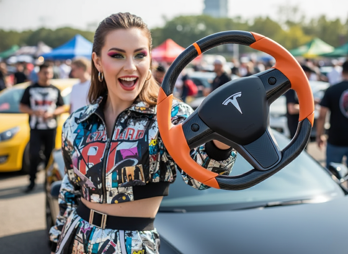 Hermès Orange Carbon Fiber Tesla Model Y Steering Wheel - DYNA (2020-2024) Axeco