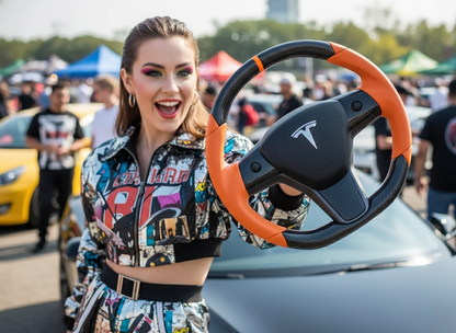 Hermès Orange Carbon Fiber Tesla Model Y Steering Wheel - DYNA (2020-2024) Axeco