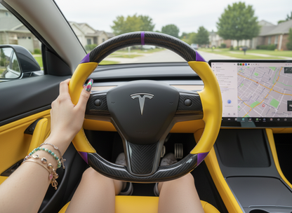 Yellow and purple leather black carbon fiber Tesla Model Y steering wheel - DYNA (2020-2024) Axeco