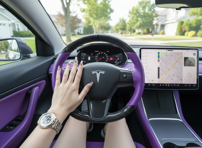 Purple and black leather black carbon fiber Tesla Model Y steering wheel - DYNA (2020-2024) Axeco