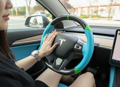 Blue and green leather black carbon fiber Tesla Model Y steering wheel - DYNA (2020-2024) Axeco