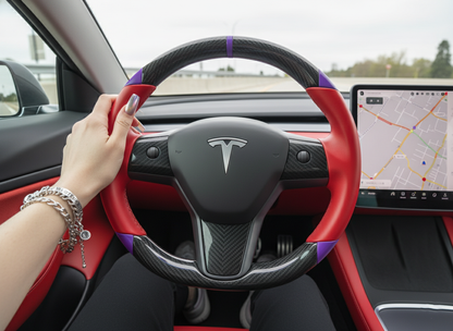 Red and purple leather black carbon fiber Tesla Model Y steering wheel - DYNA (2020-2024) Axeco