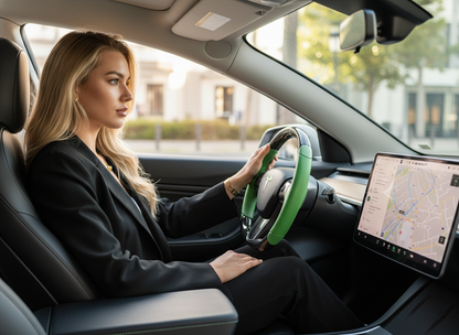 Green leather black carbon fiber Tesla Model Y steering wheel - DYNA (2020-2024) Axeco