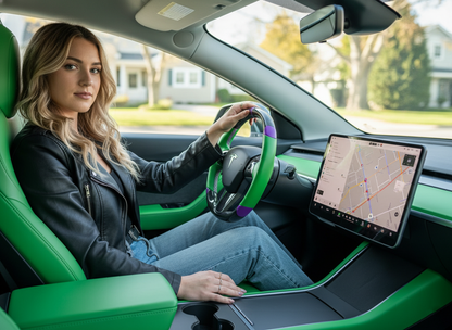 Green and purple leather black carbon fiber Tesla Model Y steering wheel - DYNA (2020-2024) Axeco