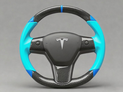 light blue leather black carbon fiber Tesla Model Y steering wheel - DYNA (2020-2024) Axeco