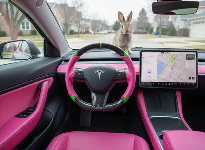 Pink and green leather black carbon fiber Tesla Model Y steering wheel - DYNA (2020-2024) Axeco