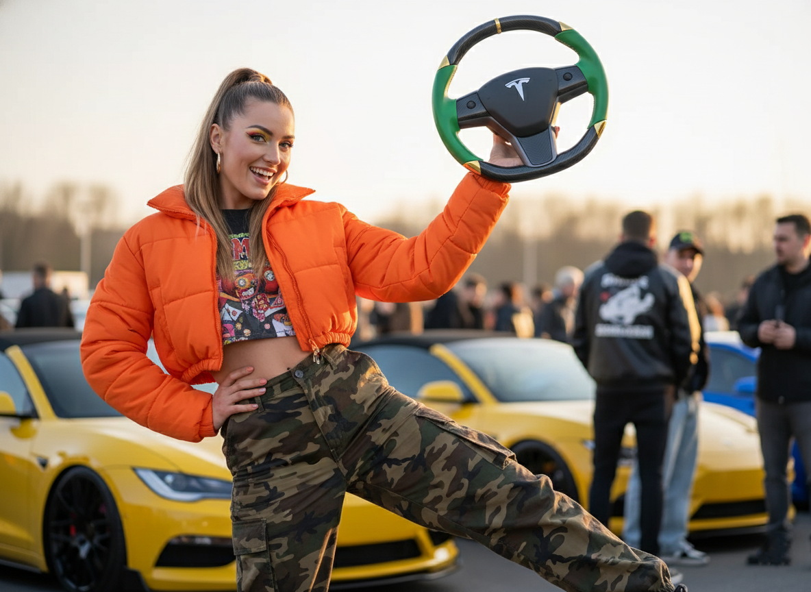 Green and gold leather black carbon fiber Tesla Model Y steering wheel - DYNA (2020-2024) Axeco