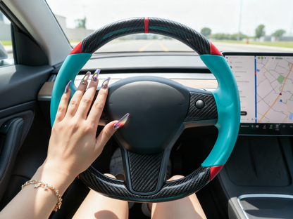 Mint green and red Carbon Fiber Tesla Model 3 Custom Steering Wheel -DYNA(2017-2023.9) Axeco