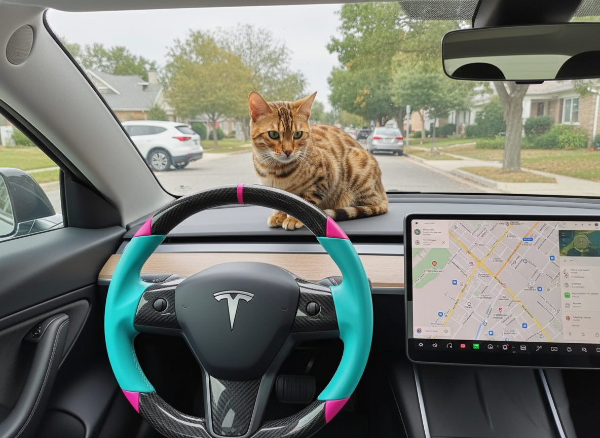 Light blue and pink Carbon Fiber Tesla Model 3 Custom Steering Wheel -DYNA(2017-2023.9) Axeco