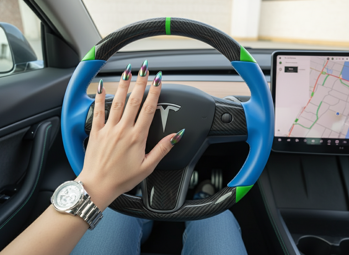 Blue and green leather black carbon fiber Tesla Model Y steering wheel - DYNA (2020-2024) Axeco