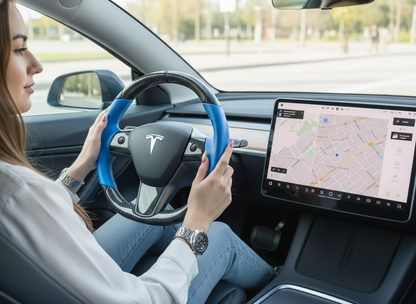 Blue and Black leather black carbon fiber Tesla Model Y steering wheel - DYNA (2020-2024) Axeco