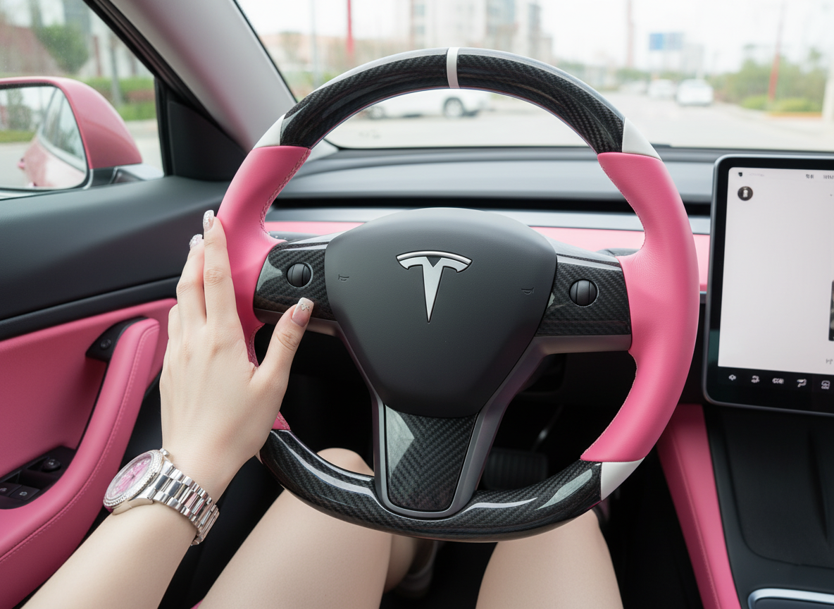Pink and white Carbon Fiber Tesla Model 3 Custom Steering Wheel -DYNA(2017-2023.9) Axeco