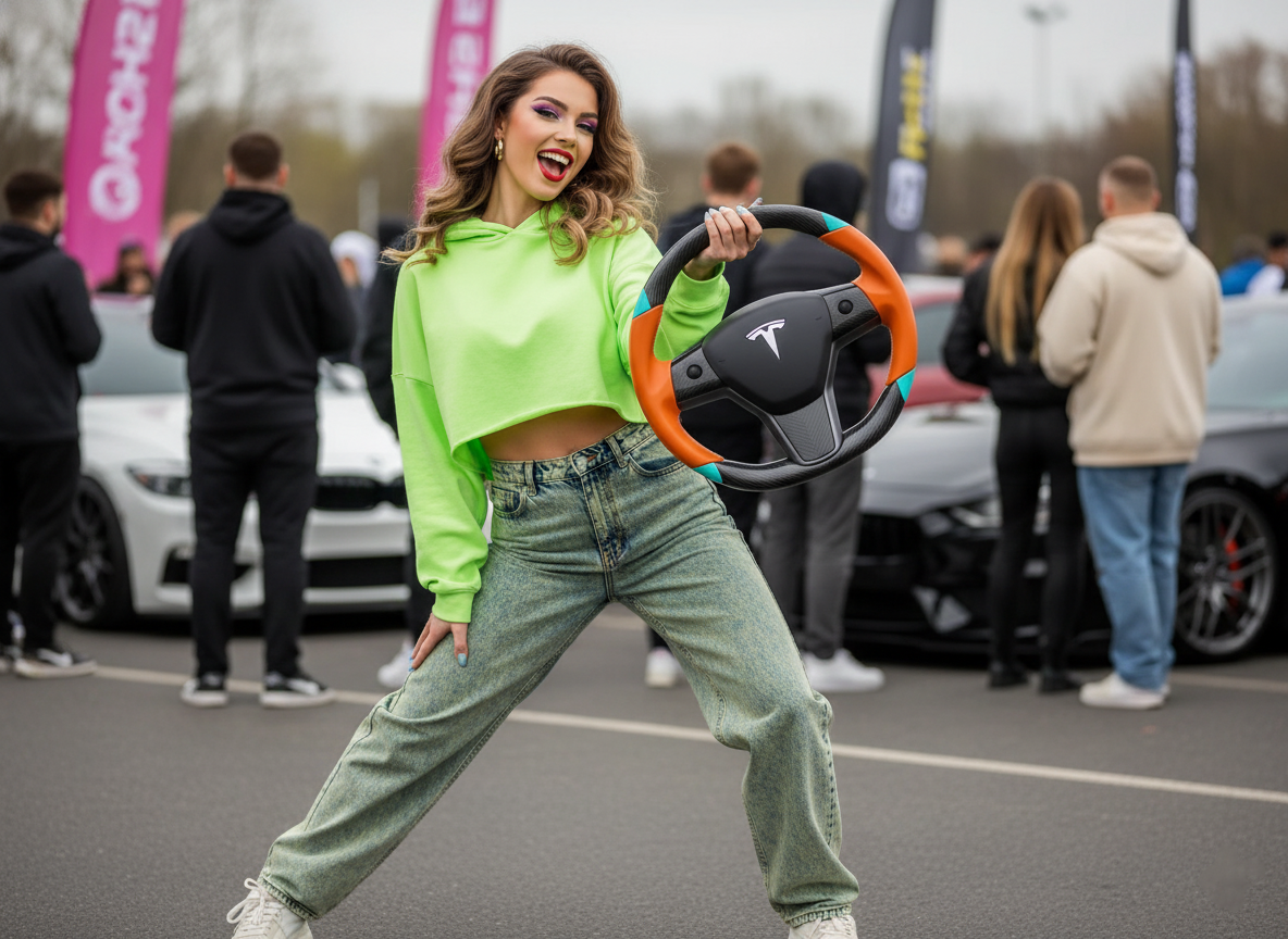 Orange and light blue leather black carbon fiber Tesla Model Y steering wheel - DYNA (2020-2024) Axeco