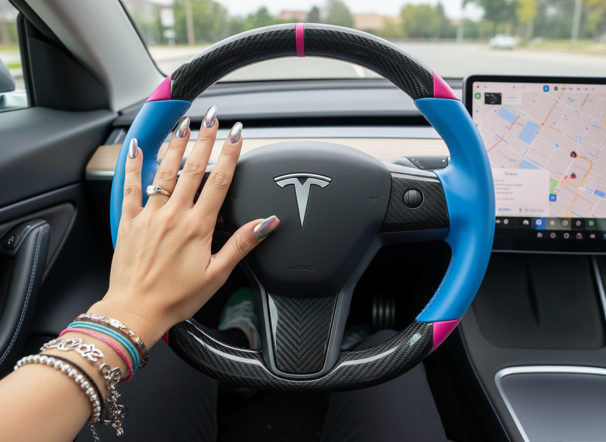 Blue and pink Carbon Fiber Tesla Model 3 Custom Steering Wheel -DYNA(2017-2023.9) Axeco