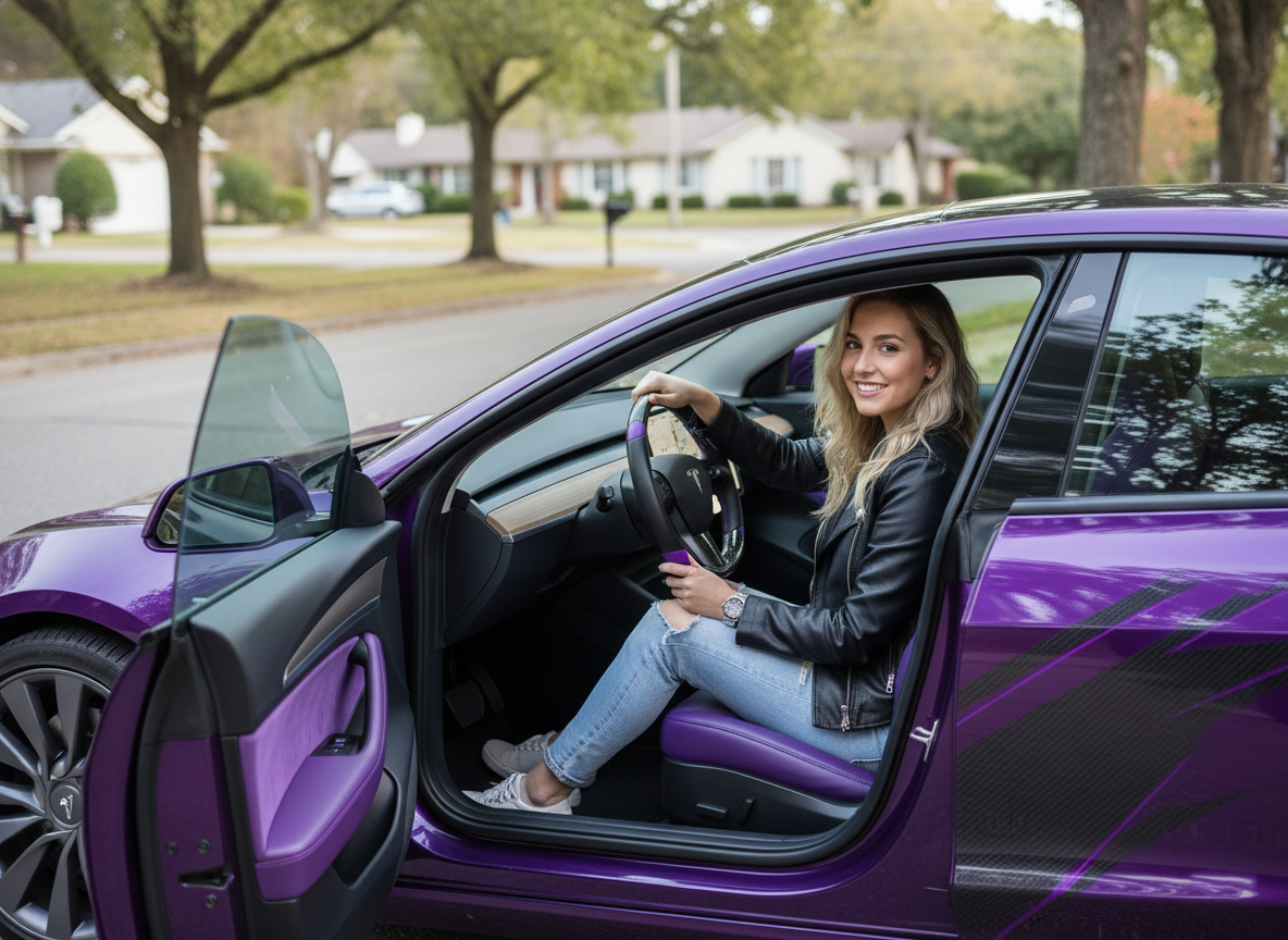 Black and purple leather black carbon fiber Tesla Model Y steering wheel - DYNA (2020-2024) Axeco