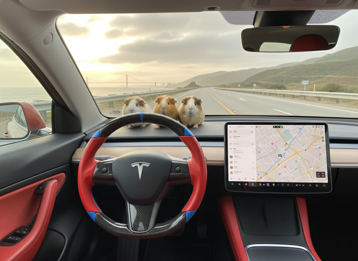 red and blue leather black carbon fiber Tesla Model Y steering wheel - DYNA (2020-2024) Axeco