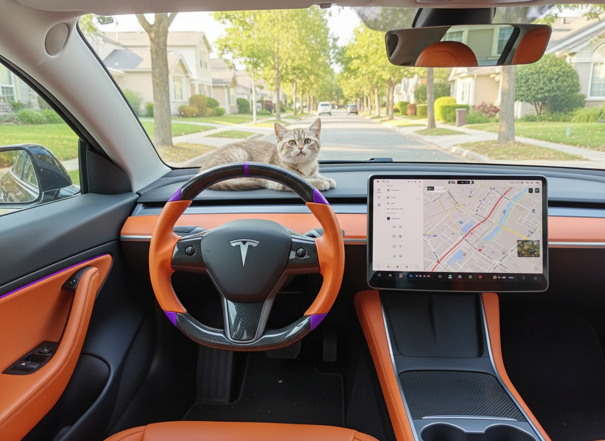 Orange and purple leather black carbon fiber Tesla Model Y steering wheel - DYNA (2020-2024) Axeco