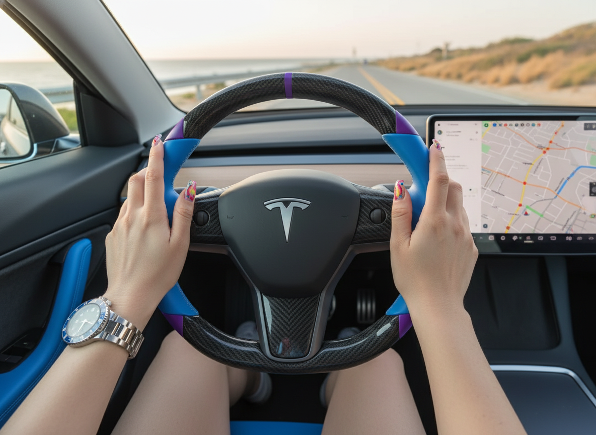 Blue and purple leather black carbon fiber Tesla Model Y steering wheel - DYNA (2020-2024) Axeco