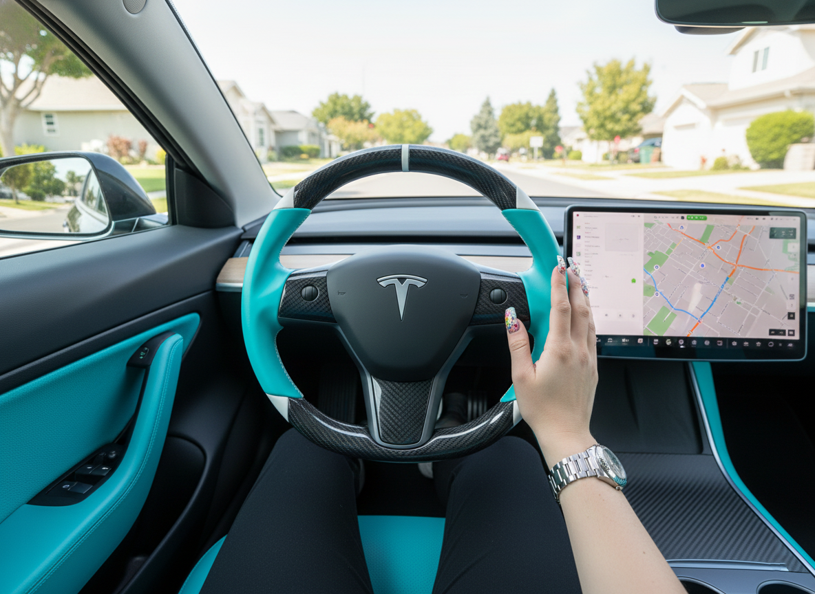 Light blue and white Carbon Fiber Tesla Model 3 Custom Steering Wheel -DYNA(2017-2023.9) Axeco