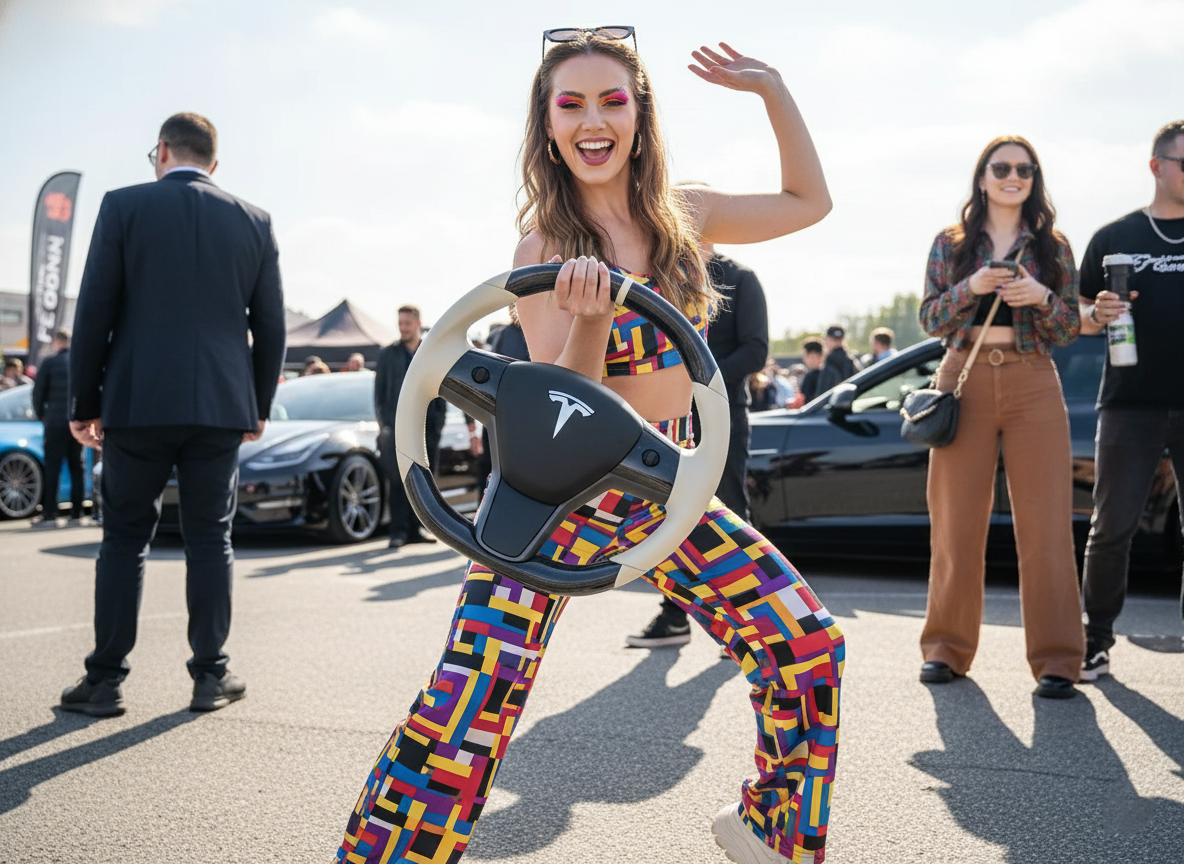 Off-white and black carbon fiber Tesla Model Y steering wheel - DYNA (2020-2024) Axeco