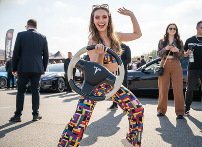 Off-white and black carbon fiber Tesla Model Y steering wheel - DYNA (2020-2024) Axeco