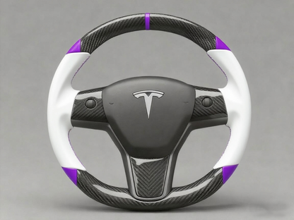 White and purple leather black carbon fiber Tesla Model Y steering wheel - DYNA (2020-2024) Axeco