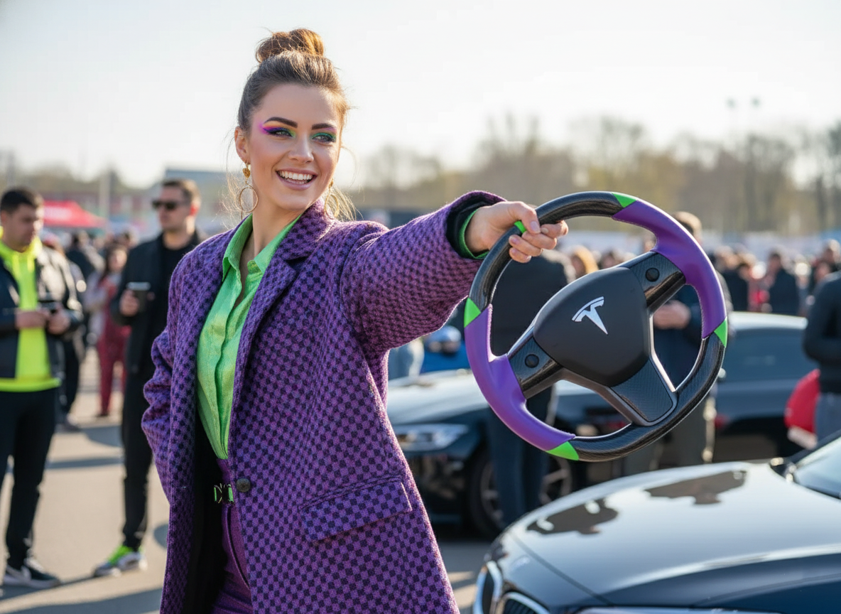 Purple and green leather black carbon fiber Tesla Model Y steering wheel - DYNA (2020-2024) Axeco