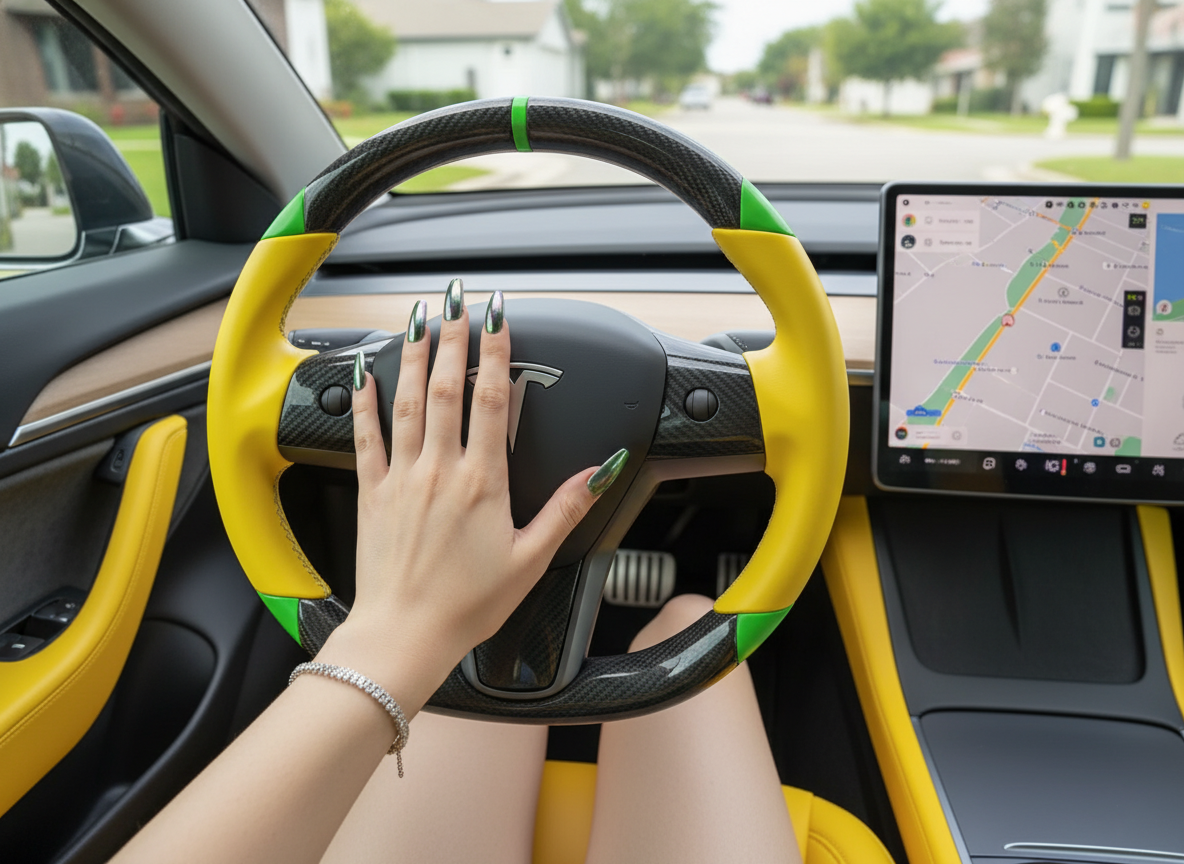 Yellow and green leather black carbon fiber Tesla Model Y steering wheel - DYNA (2020-2024) Axeco