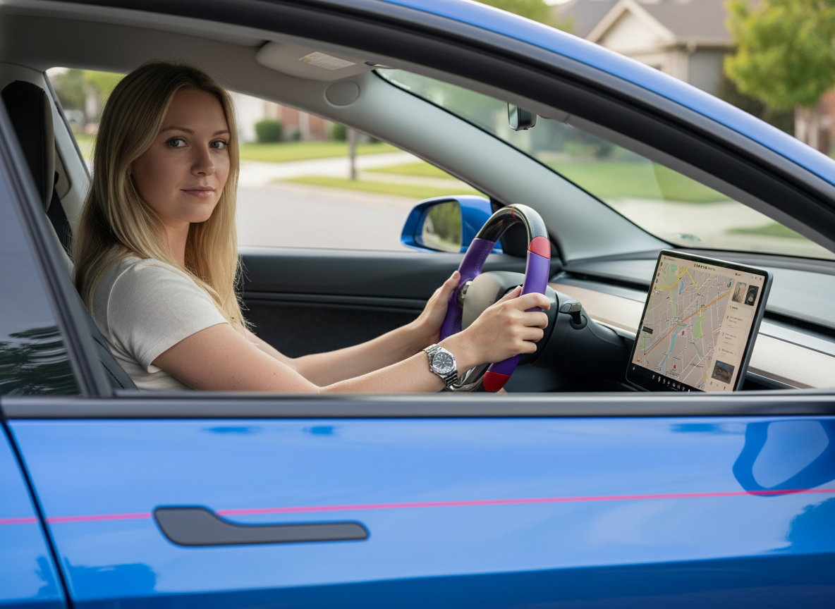 Purple and red Carbon Fiber Tesla Model 3 Custom Steering Wheel -DYNA(2017-2023.9) Axeco