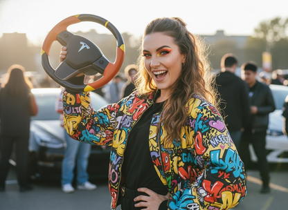 Orange and yellow Carbon Fiber Tesla Model 3 Custom Steering Wheel -DYNA(2017-2023.9) Axeco