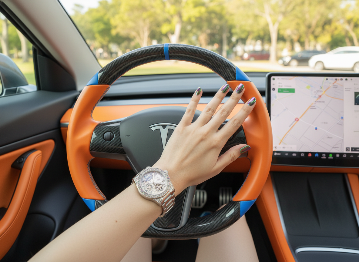 Orange and blue leather black carbon fiber Tesla Model Y steering wheel - DYNA (2020-2024) Axeco