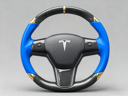 Blue and gold leather black carbon fiber Tesla Model Y steering wheel - DYNA (2020-2024) Axeco