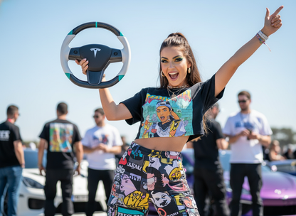 White and light blue leather black carbon fiber Tesla Model Y steering wheel - DYNA (2020-2024) Axeco