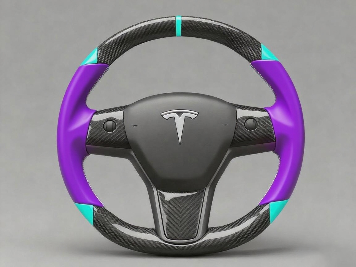 Purple and light blue leather black carbon fiber Tesla Model Y steering wheel - DYNA (2020-2024) Axeco