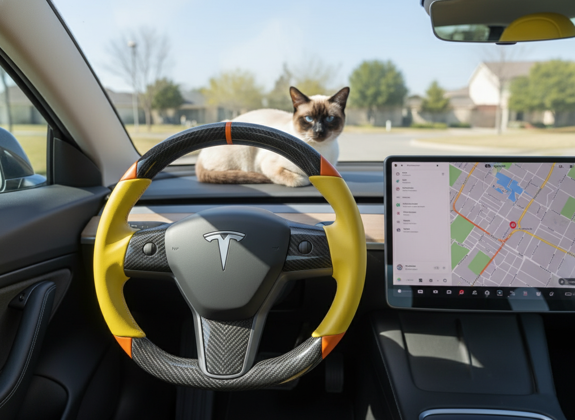 Yellow and orange Carbon Fiber Tesla Model 3 Custom Steering Wheel -DYNA(2017-2023.9) Axeco