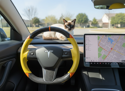Yellow and orange Carbon Fiber Tesla Model 3 Custom Steering Wheel -DYNA(2017-2023.9) Axeco